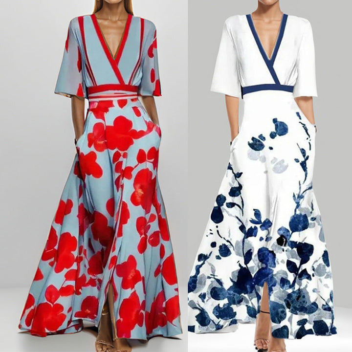 Lune London | Elegant V-Neck Printed Waist Dress with Peplum