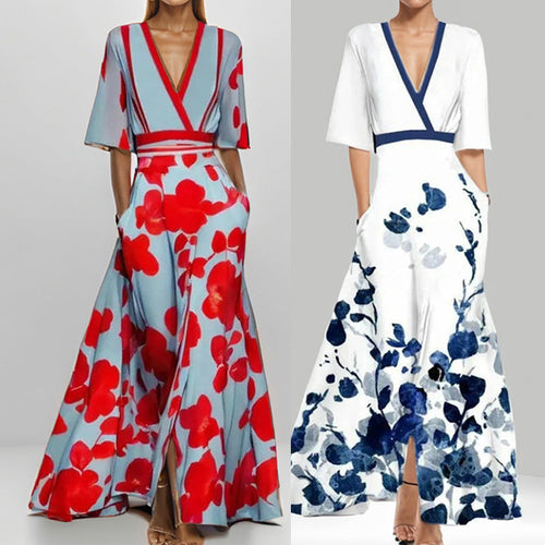 Amarae | Elegant V-Neck Printed Waist Dress with Peplum