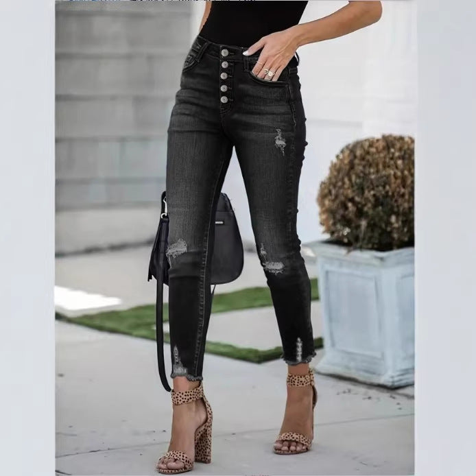 Women's High-Waisted Skinny Jeans with Visible Button Placket, Destroyed Knee Areas, and Raw Ankle Hem Amarae