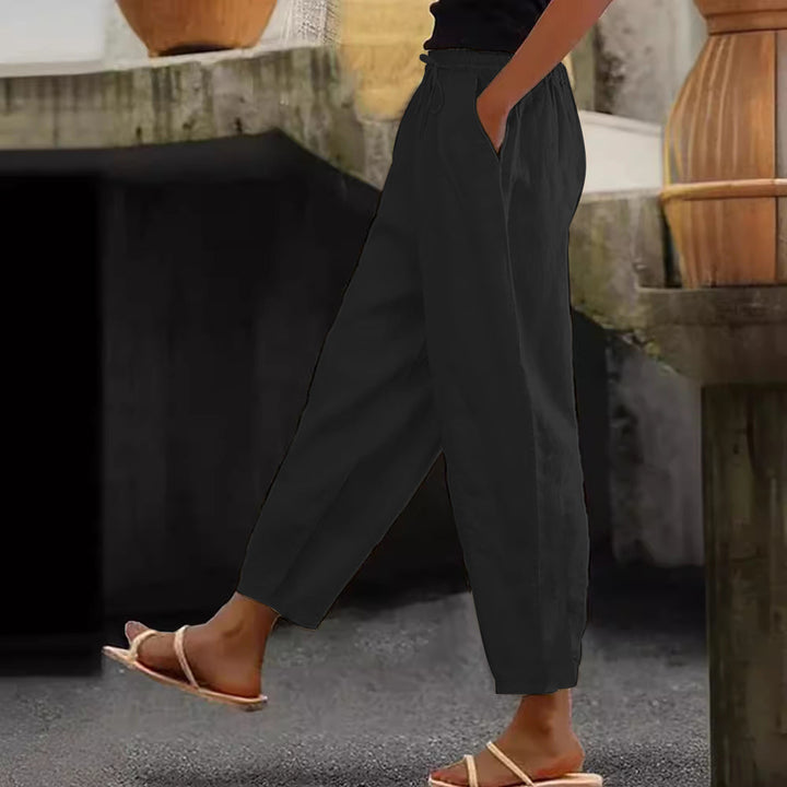 Women's Linen Blend Cropped Pants with Elastic Waistband, Drawstring and Side Pockets Amarae