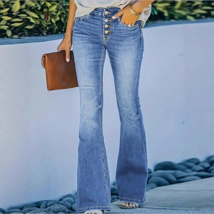 Ladies high-waisted flare jeans with decorative button placket and sculpting fit Amarae