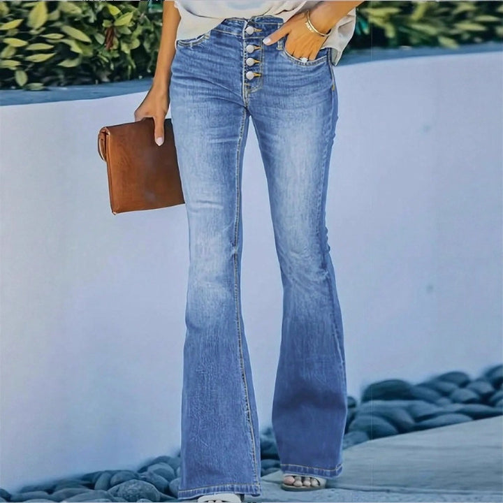 Ladies high-waisted flare jeans with decorative button placket and sculpting fit Amarae