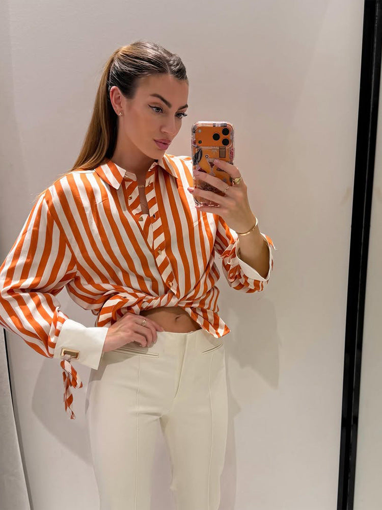 Women Striped Oversized Shirt Blouse with Contrasting Cuffs & Knot Finishes Amarae