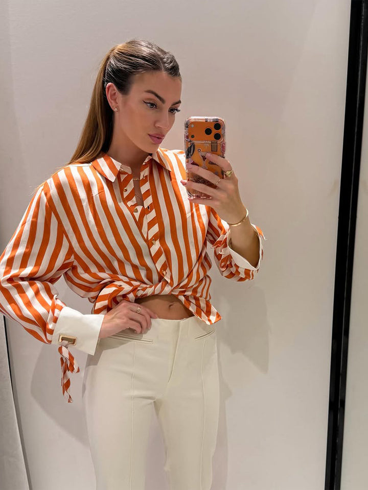Women Striped Oversized Shirt Blouse with Contrasting Cuffs & Knot Finishes Amarae