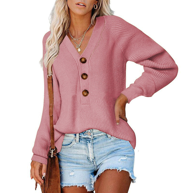 Knitted sweater for women with V-neck and button details Lune London