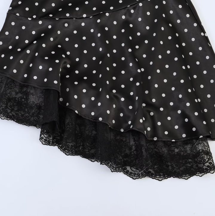 Women's Asymmetric Tiered Skirt with Ruffles, Dots, and Lace Trim Amarae