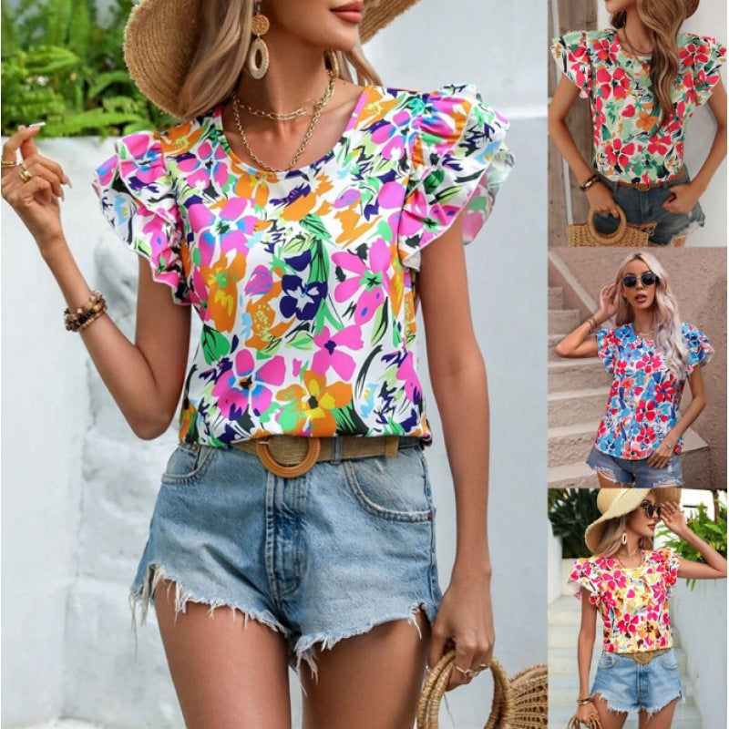 Ladies Top with Puff Sleeves Floral Lune London