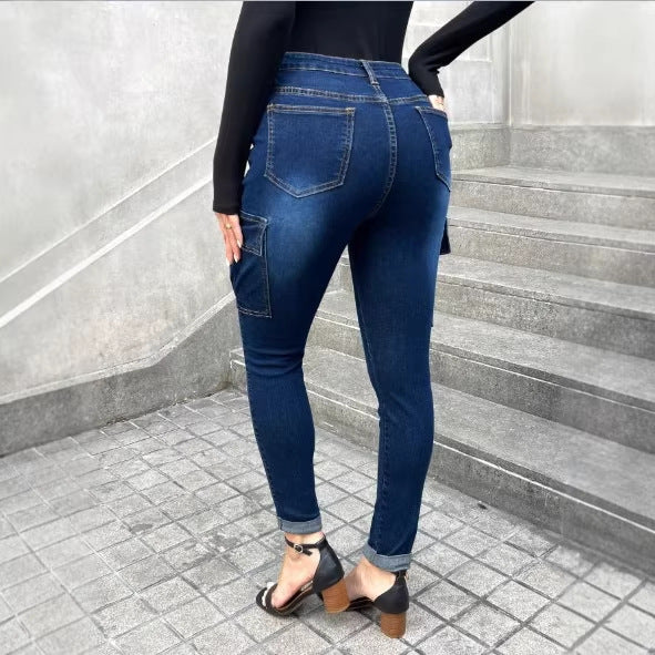 Women’s Waist-Shaping Slim Cargo Jeans with Decorative Button Placket Amarae