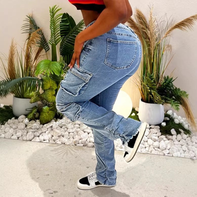Ladies Cargo Denim Jeans with High Waist, Slim Fit Hips and Patch Utility Pockets Amarae