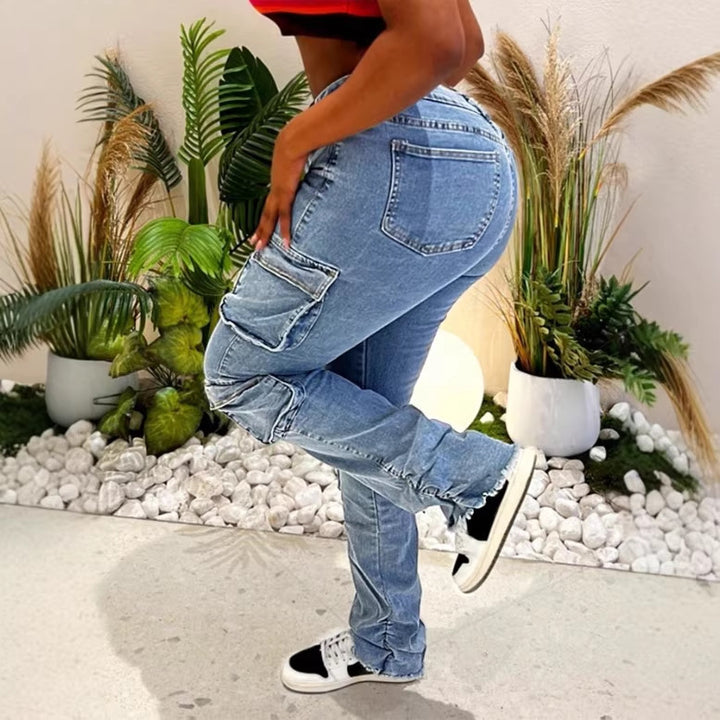 Ladies Cargo Denim Jeans with High Waist, Slim Fit Hips and Patch Utility Pockets Amarae