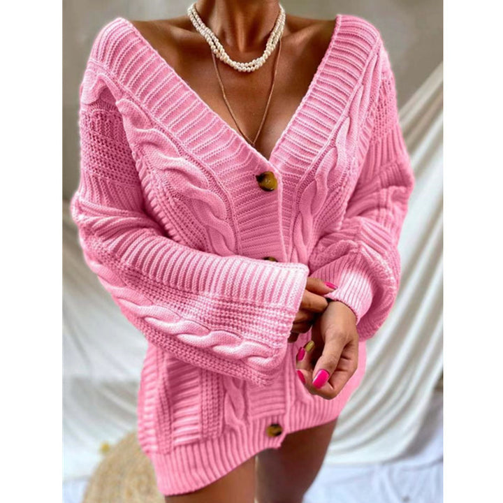 Ladies large knit cardigan with romantic cable design and large buttons Lune London