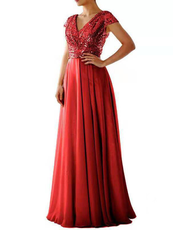 Chic Und Stil | Women Dresses V-Neck Sequin Chiffon Panel Maxi Dress