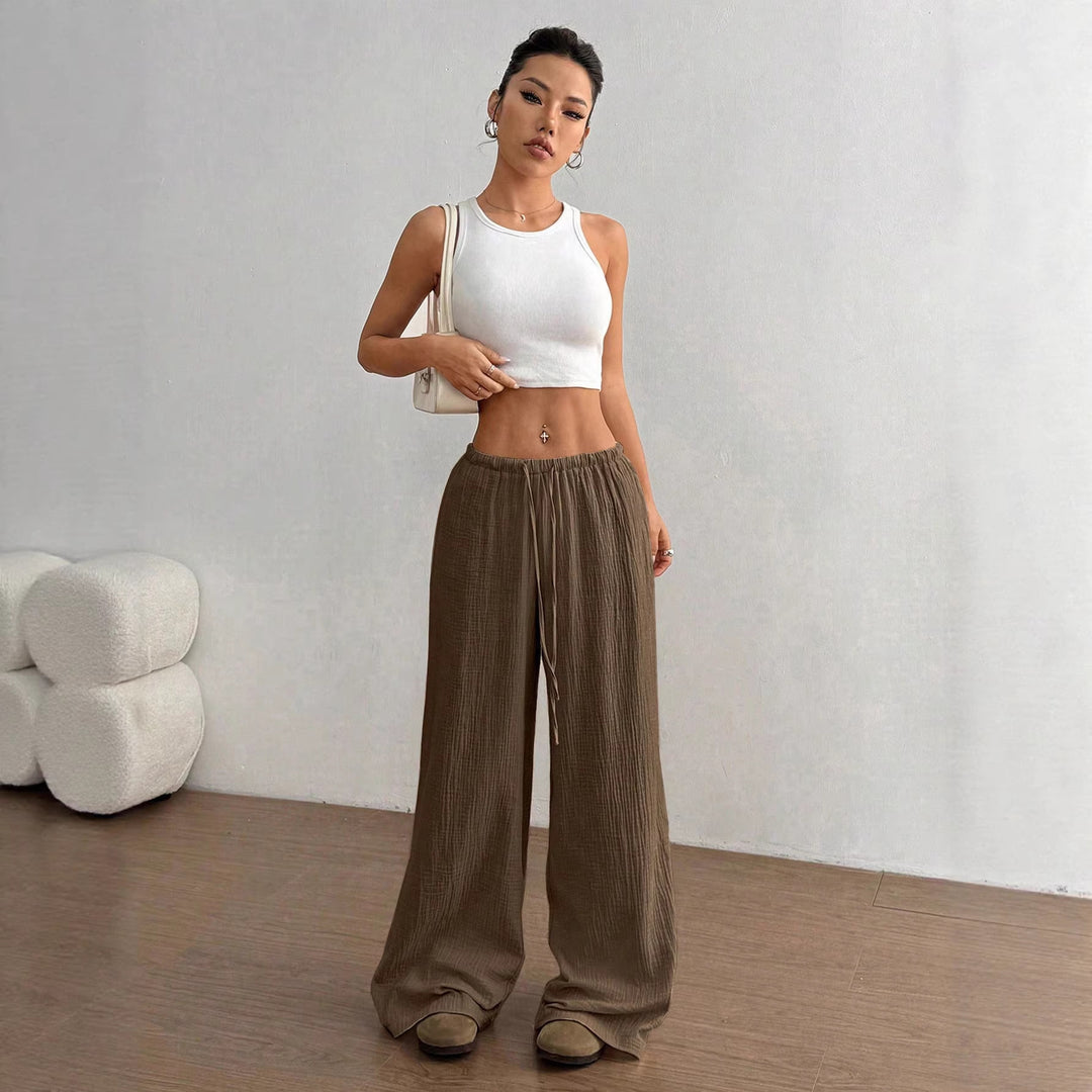 Women Lightweight Linen Look Pants with Wide Leg, Elastic Waistband and Drawstring Amarae