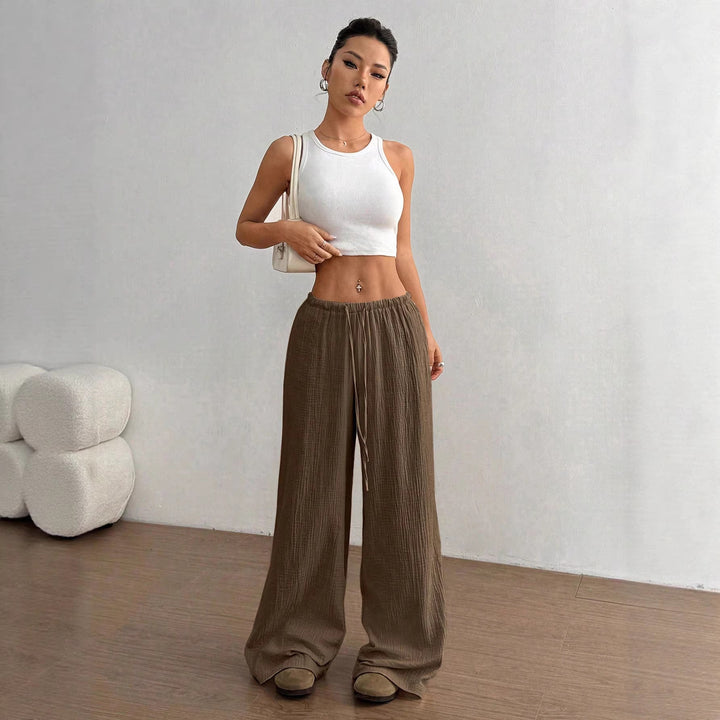 Women Lightweight Linen Look Pants with Wide Leg, Elastic Waistband and Drawstring Amarae