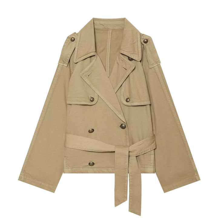 Women Cropped Trench Cape Jacket with double-breasted button placket, shoulder patches and tie belt Amarae