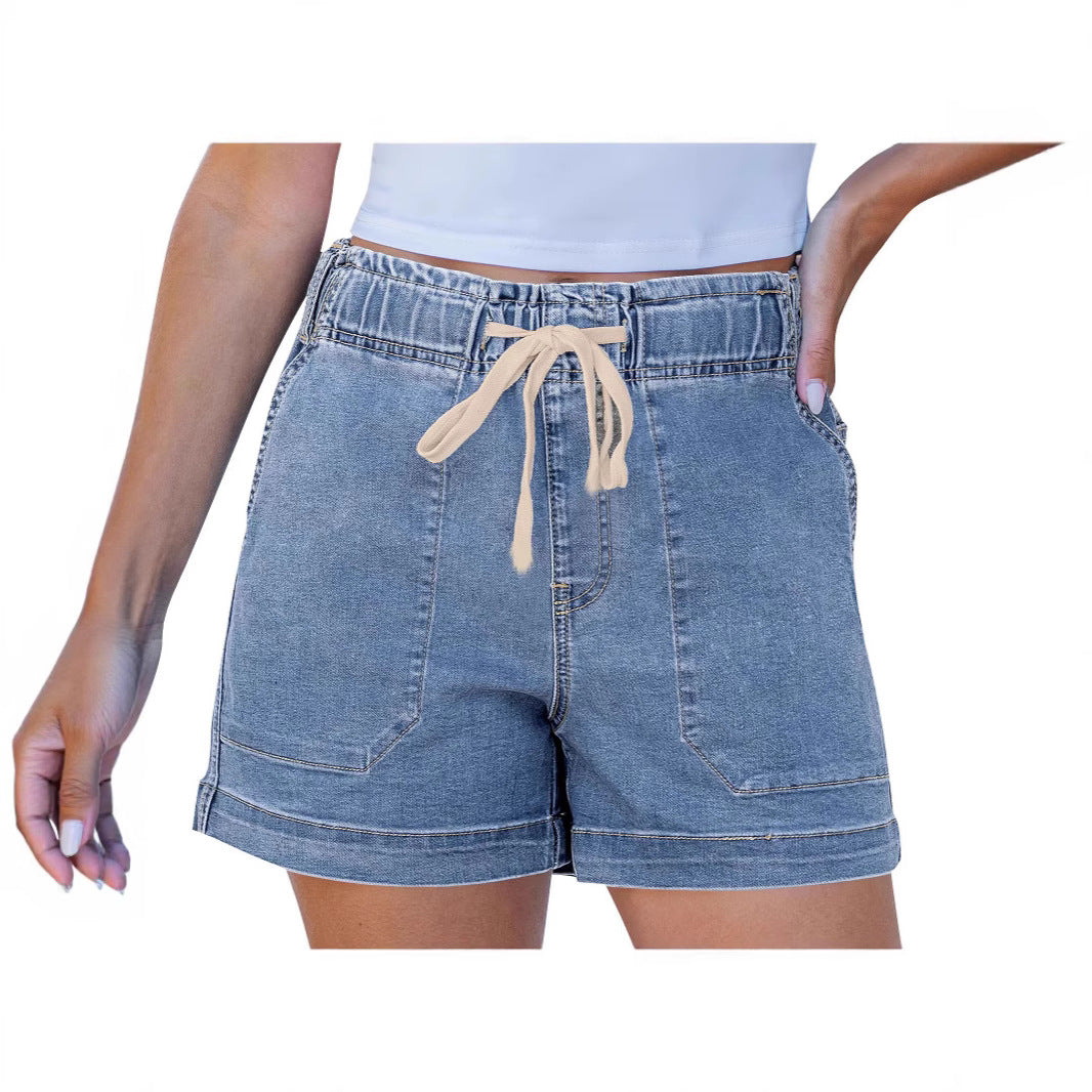 Ladies comfortable denim shorts with elastic waistband and practical pockets Lune London