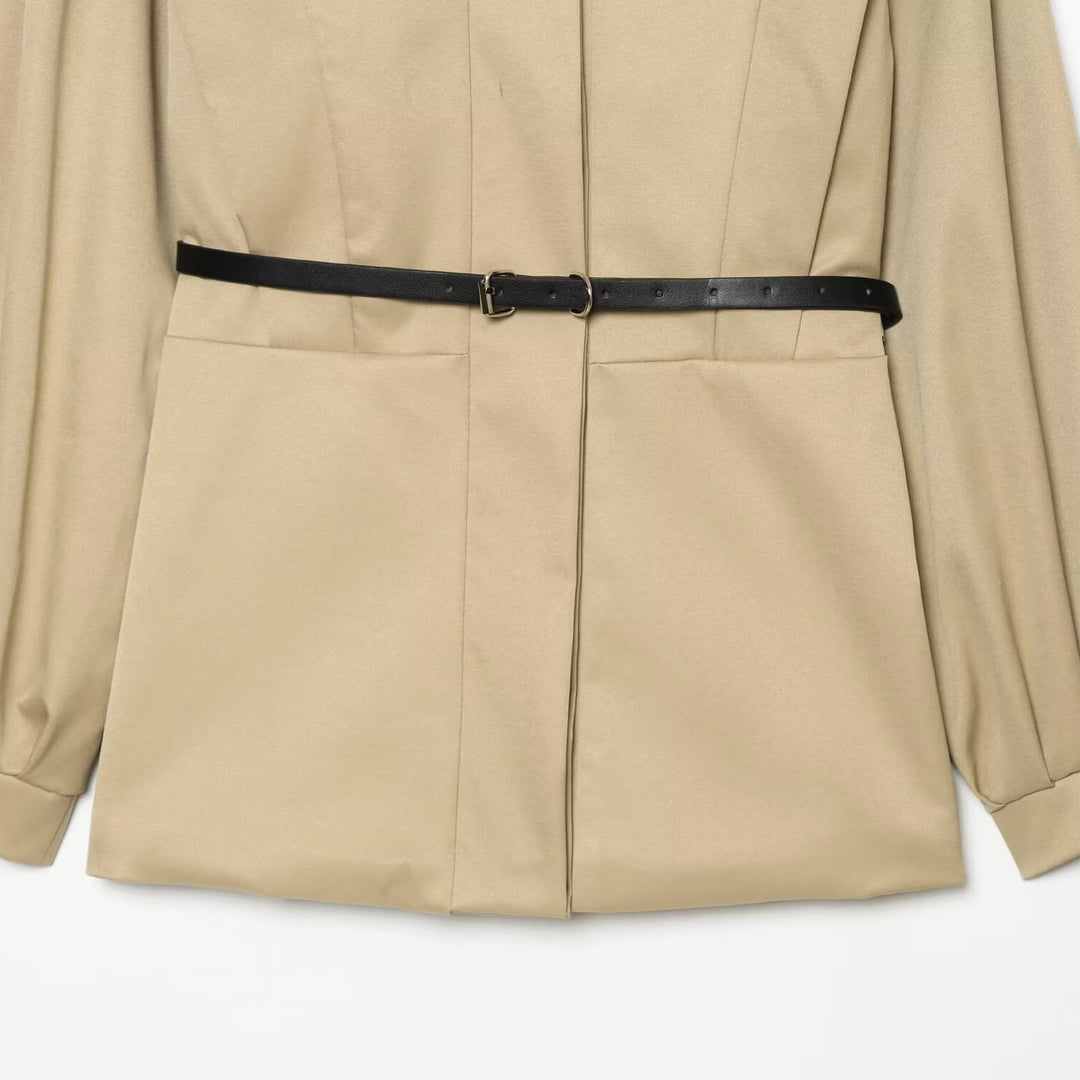 Women Short Cape Trench with High Funnel Collar and Waist Belt Amarae
