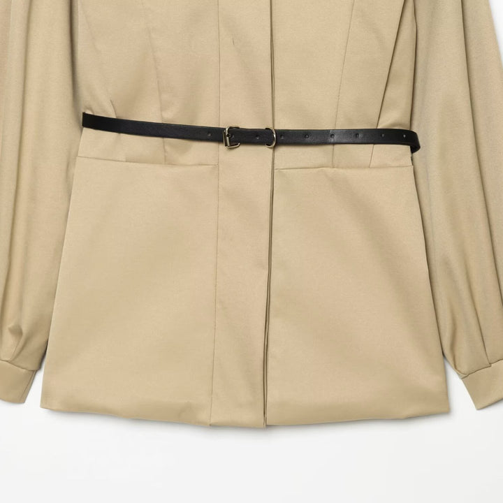 Women Short Cape Trench with High Funnel Collar and Waist Belt Amarae