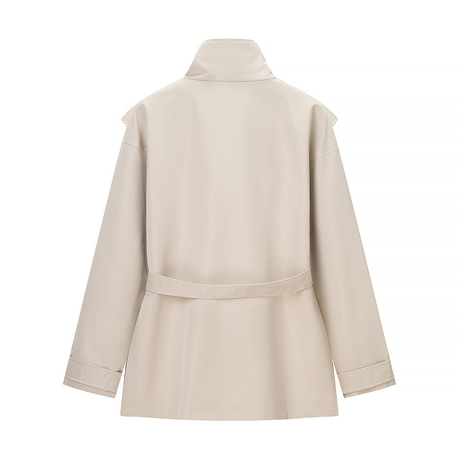 Ladies short trench coat with cape detail, stand-up collar and tie belt Amarae