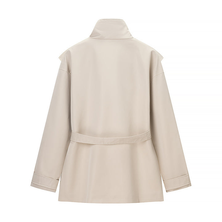 Ladies short trench coat with cape detail, stand-up collar and tie belt Amarae