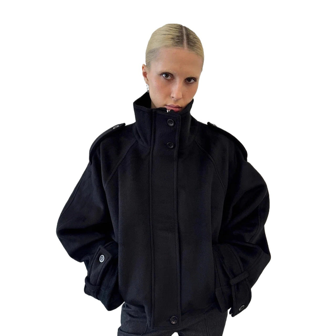 Women's short jacket made of wool blend with high stand-up collar, balloon sleeves and shoulder flaps Amarae