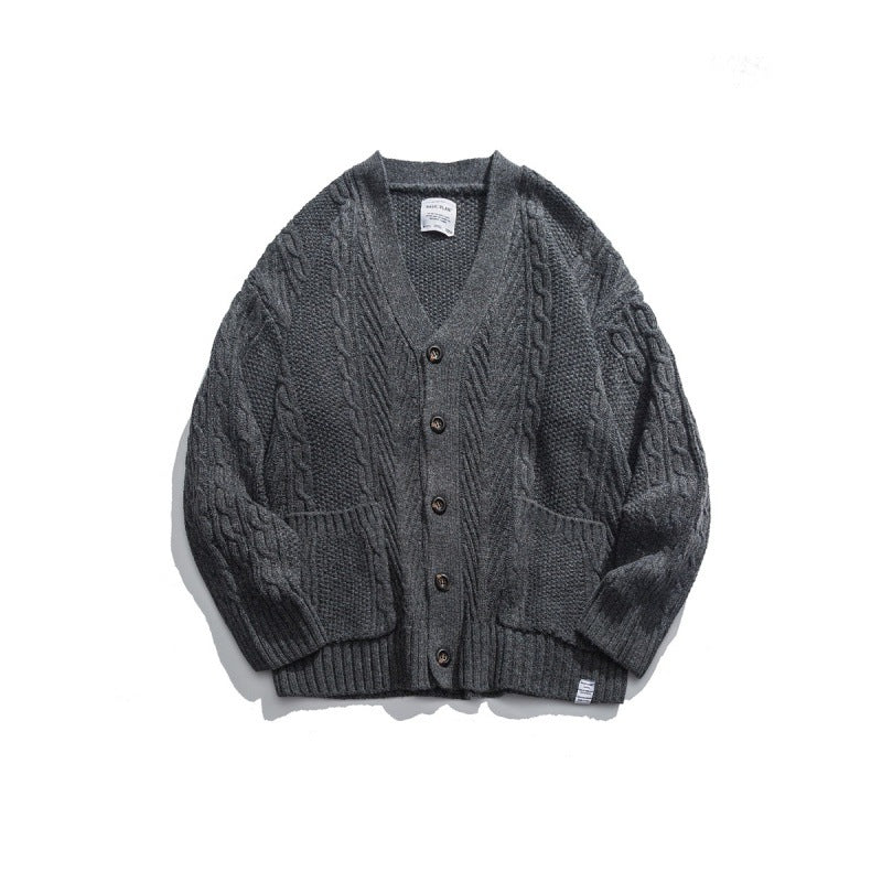 Unisex Oversized Knit Cardigan with Cable Pattern, V-Neck and Patch Pockets Amarae