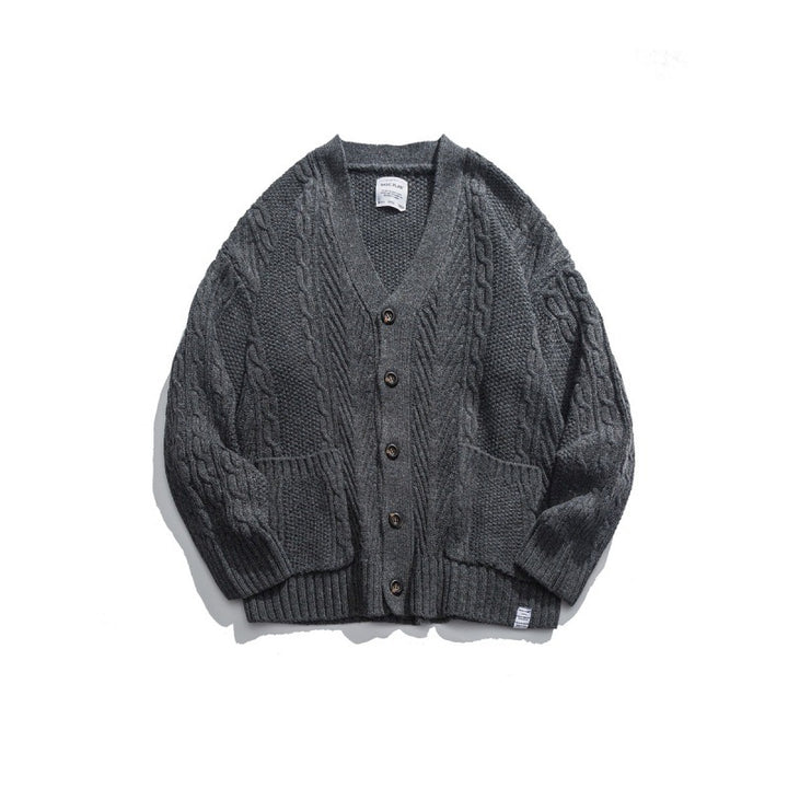 Unisex Oversized Knit Cardigan with Cable Pattern, V-Neck and Patch Pockets Amarae