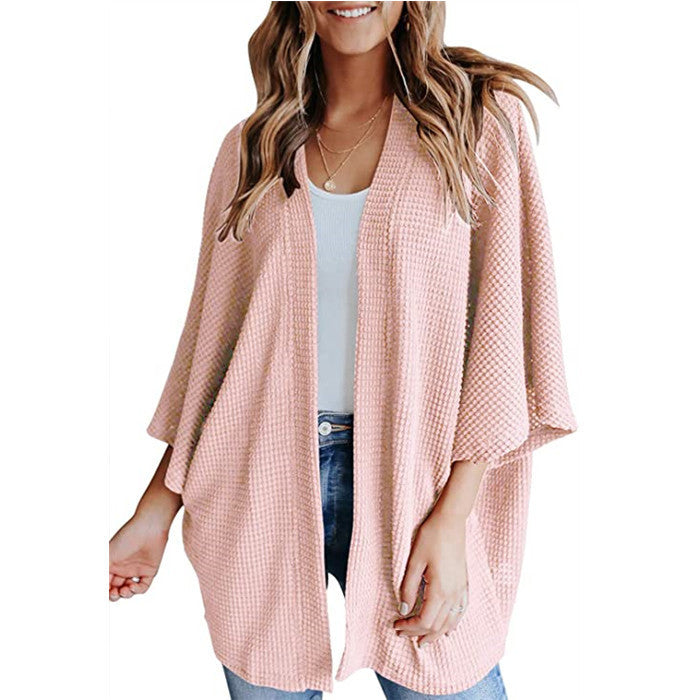 Ladies Waffle Knit Open Kimono Cardigan with Batwing Sleeves Amarae