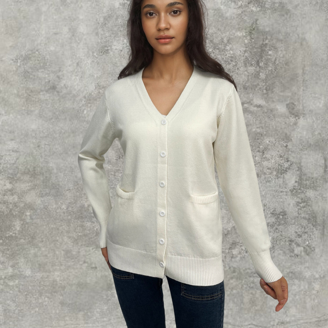Knitted cardigan for ladies with button details and deep pockets Lune London