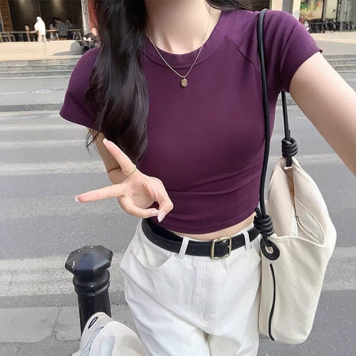 Ladies Cropped T-Shirt with fashionable round neck and casual design