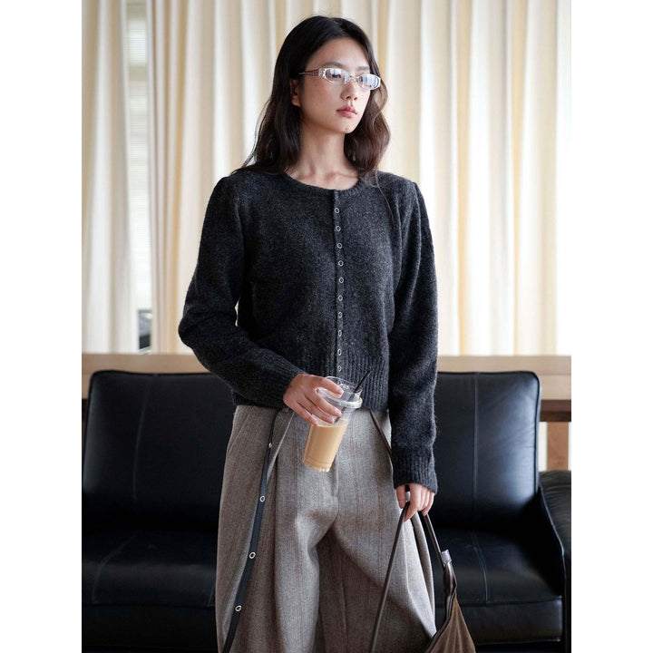 Women Button-Front Short Knit Jacket with Fluffy Texture and Narrow Hem Amarae