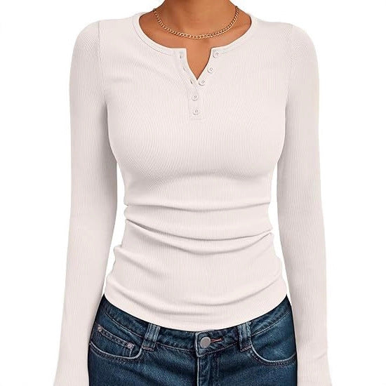 Fitted long sleeve shirt for women with button placket and rib structure Lune London