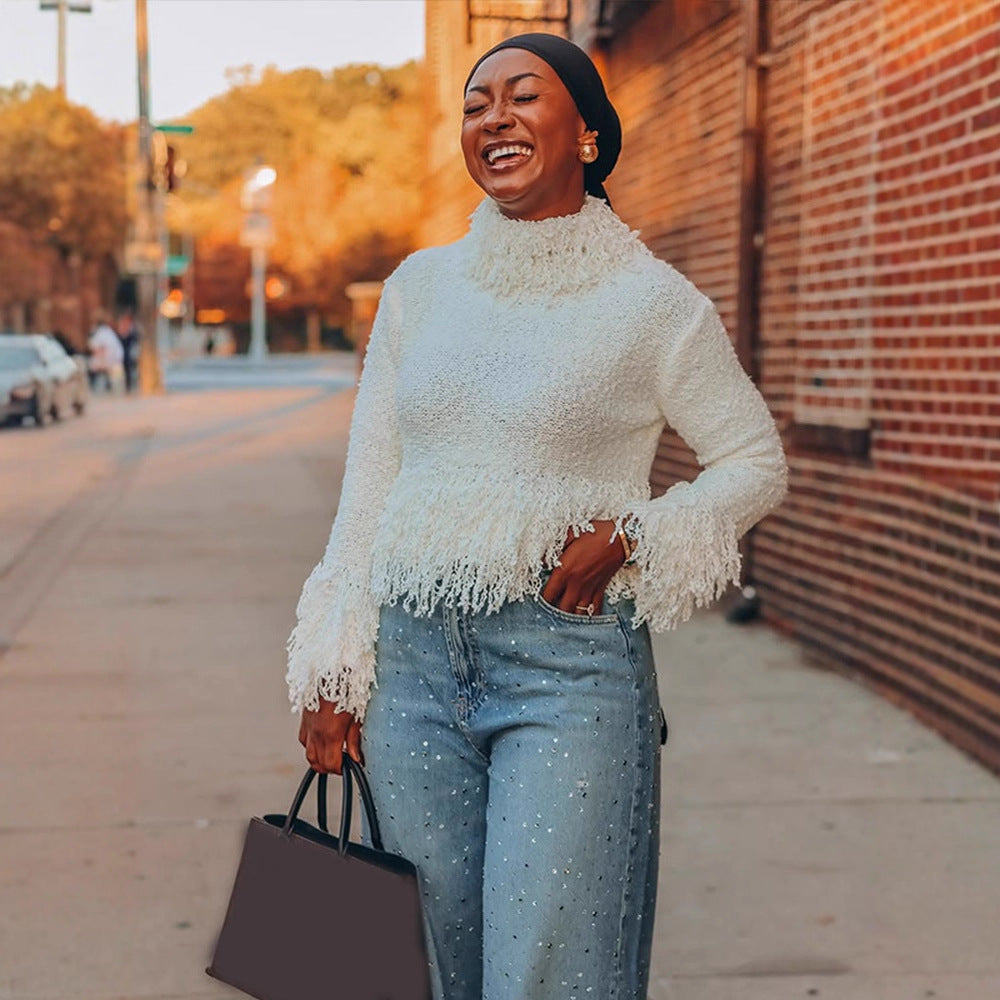 Women Short-Cut Boucle Sweater with Fringes and High Roll Neck Amarae