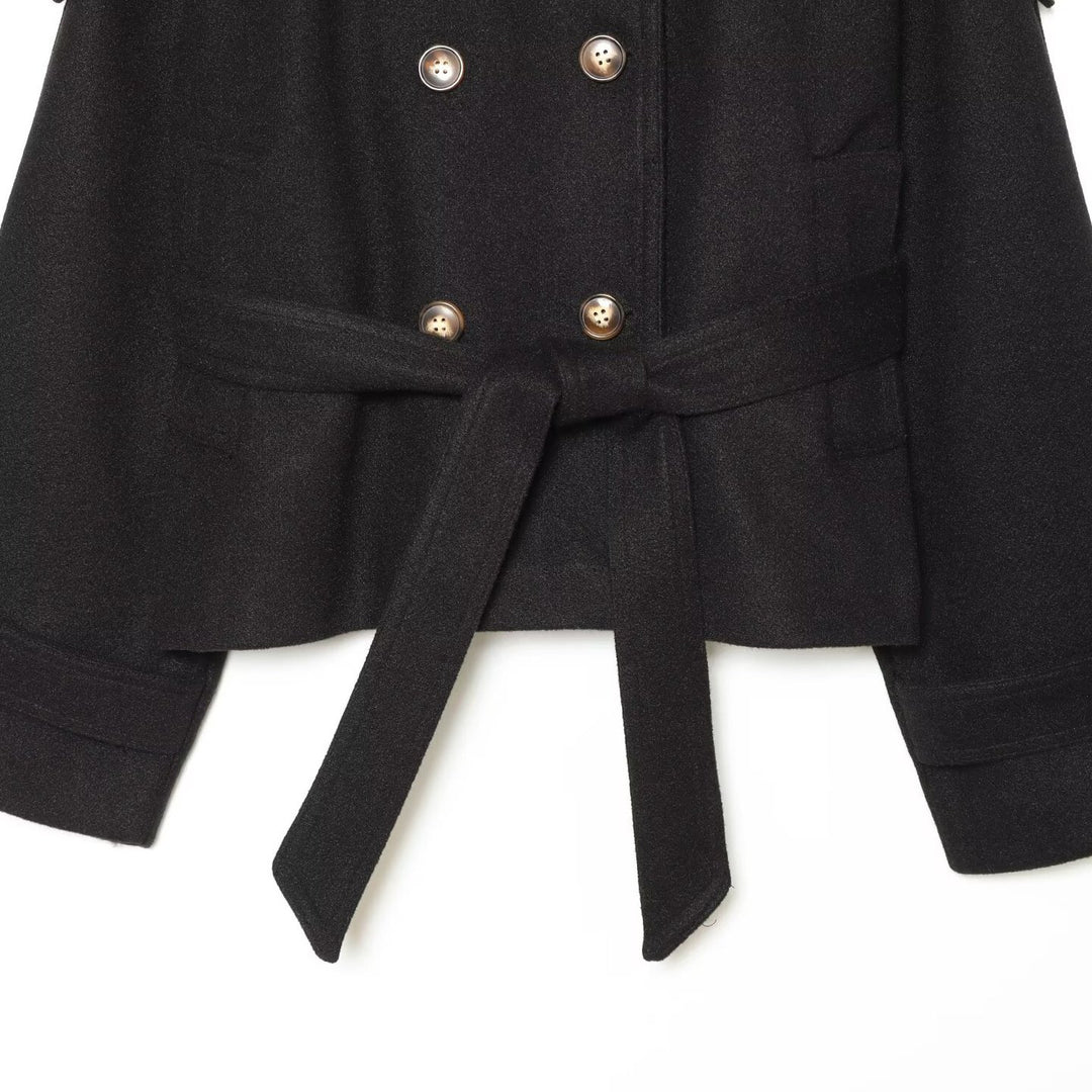 Women Short Double-Breasted Wool Blend Cape Jacket with Stand Collar and Waist Belt Amarae