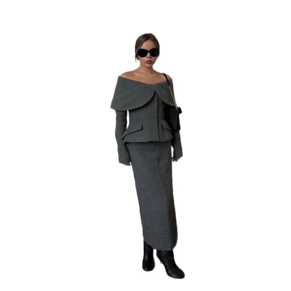 Women Elegant Boucle Set with Off-Shoulder Jacket and Fitted Pencil Skirt Amarae