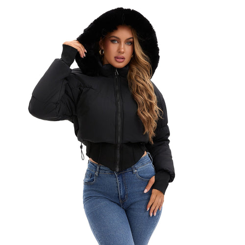 Women's Cropped Down Jacket with Removable Hood and Faux Fur Trim Amarae