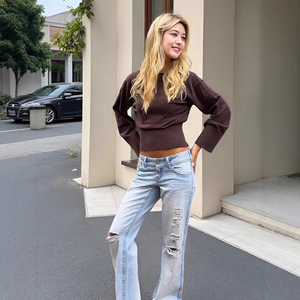 Women's Cropped Fine Knit Sweater with Wide Cuff Sleeves and Fitted Ribbed Waistband Amarae