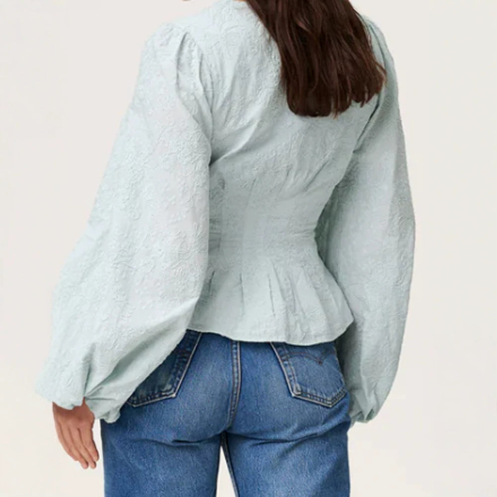 Women's jacquard lace blouse with fitted peplum and balloon sleeves Amarae