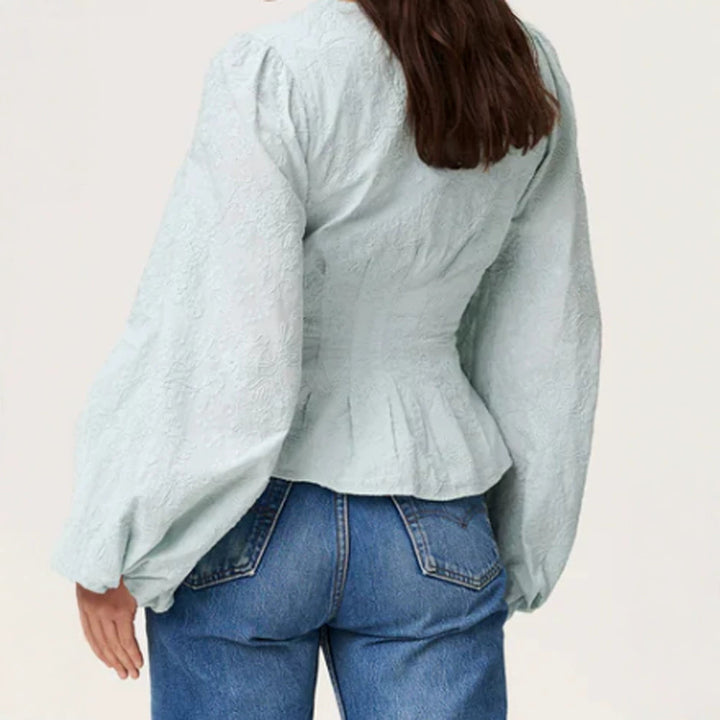 Women's jacquard lace blouse with fitted peplum and balloon sleeves Amarae