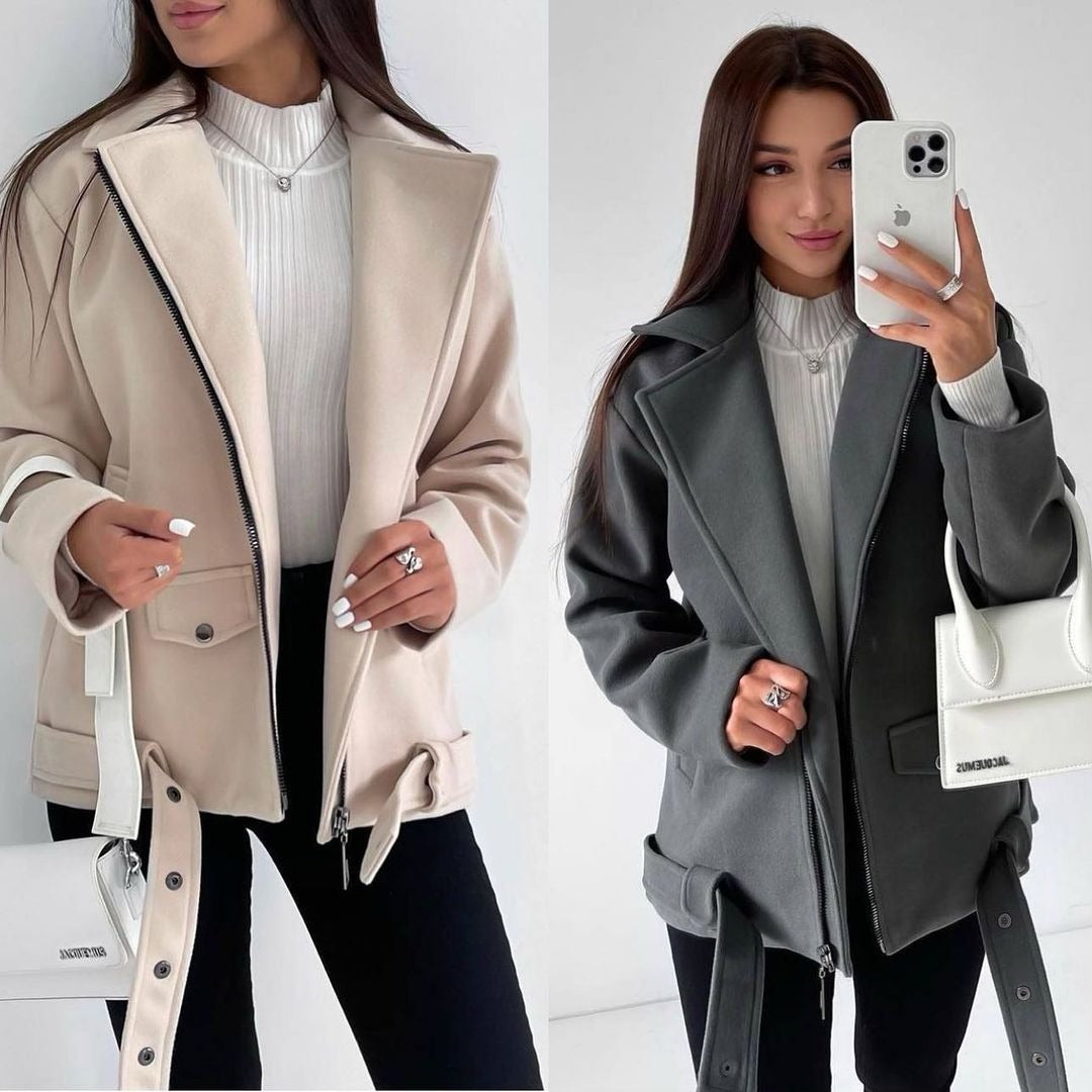 Trendy transitional jacket for women with asymmetrical zipper and practical pockets Lune London