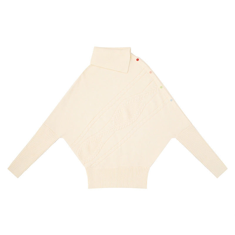 Women's oversized sweater with roll neck, asymmetric shoulder button placket and cable knit details Amarae