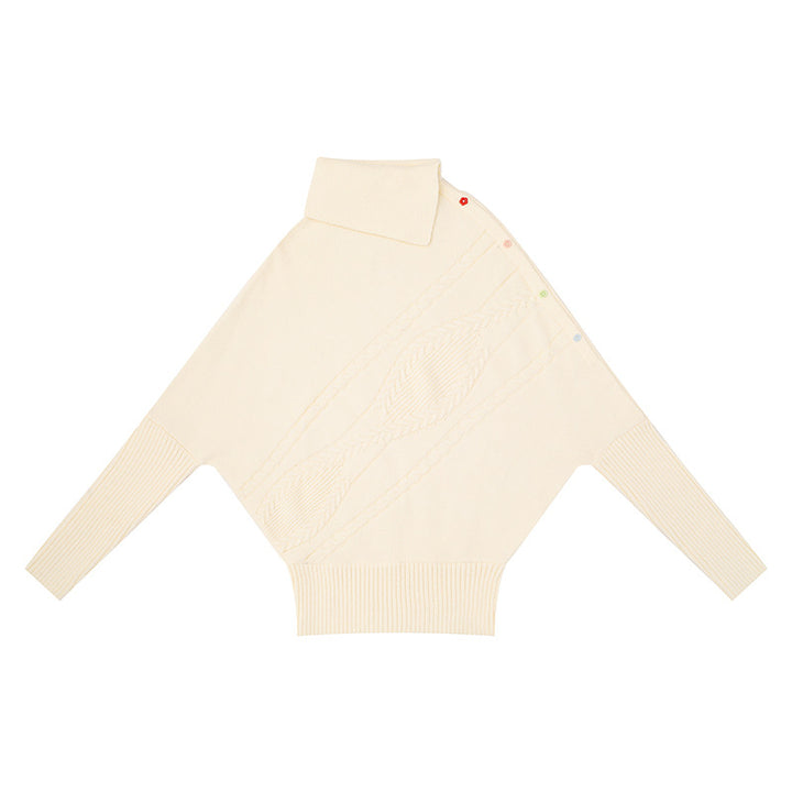Women's oversized sweater with roll neck, asymmetric shoulder button placket and cable knit details Amarae