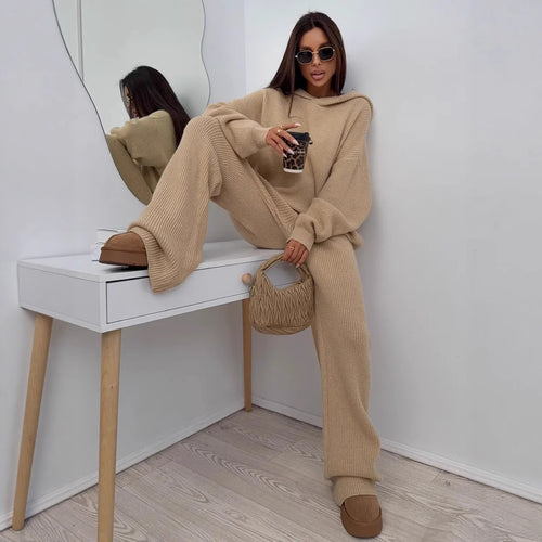 Women's Cozy Knit Loungewear Set with Loose Fit and Chic Hood