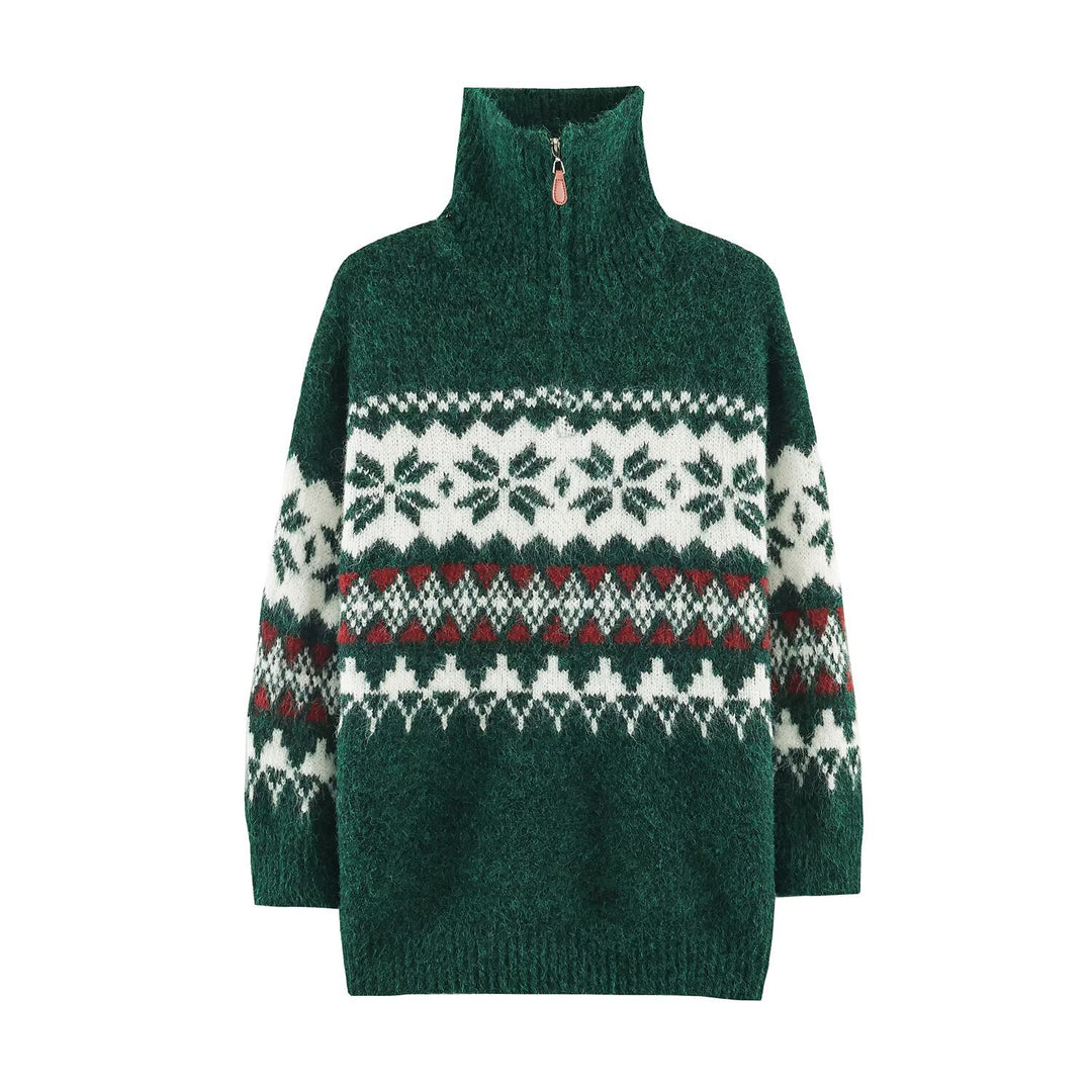 Women's Norwegian Pattern Knit Sweater with Half Zipper and Stand-up Collar Amarae