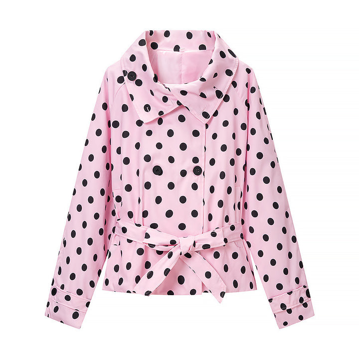 Women's short trench coat in polka dot pattern, double-breasted with belted waist Amarae