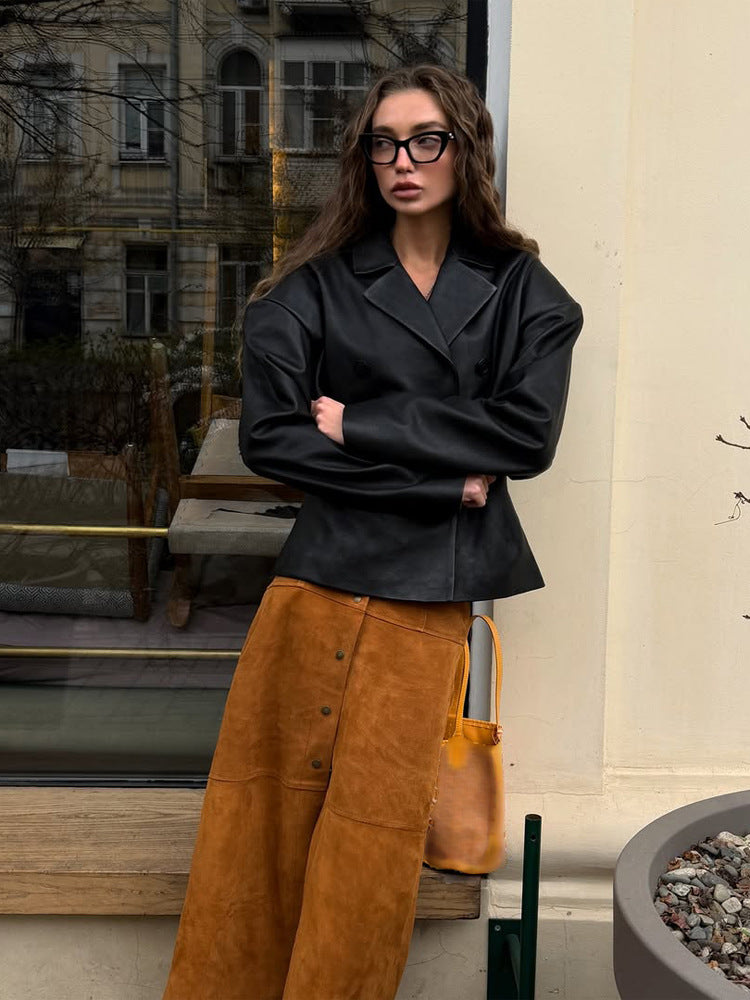 Women Fashionable Blazer-Bomber made of vegan leather imitation with double-breasted front Amarae