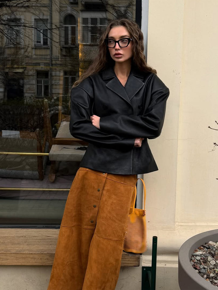 Women Fashionable Blazer-Bomber made of vegan leather imitation with double-breasted front Amarae