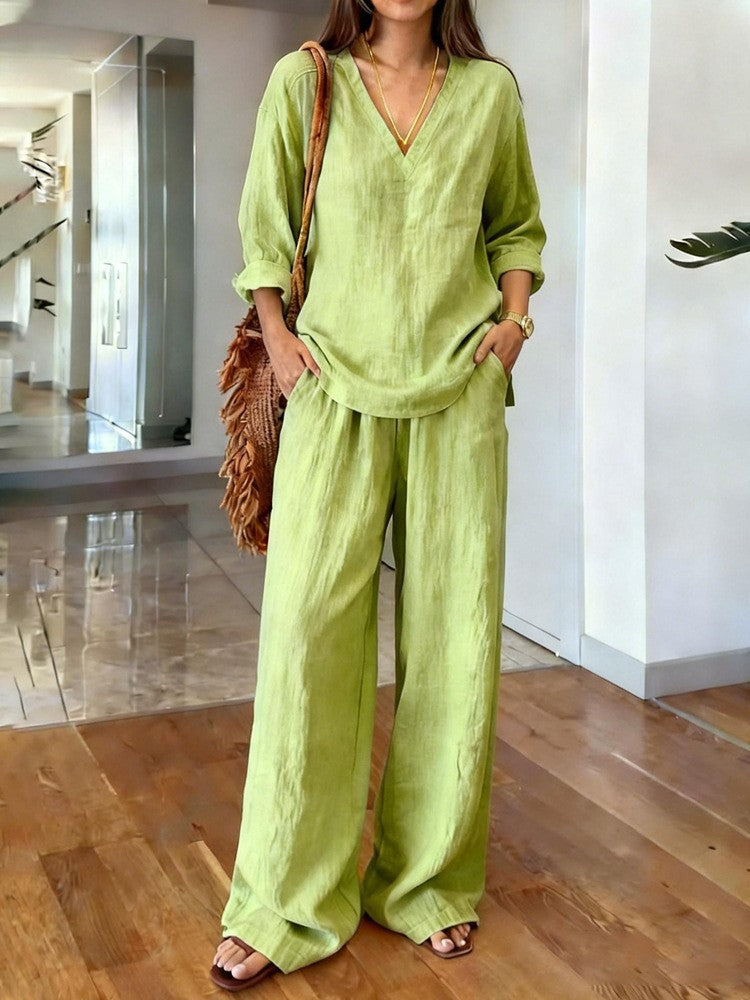 Women's Casual Linen Top and Wide Palazzo Pants Set Chic & Stil