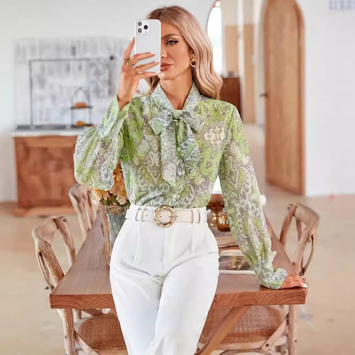 Blouse for women with tie collar and floral pattern Amarae