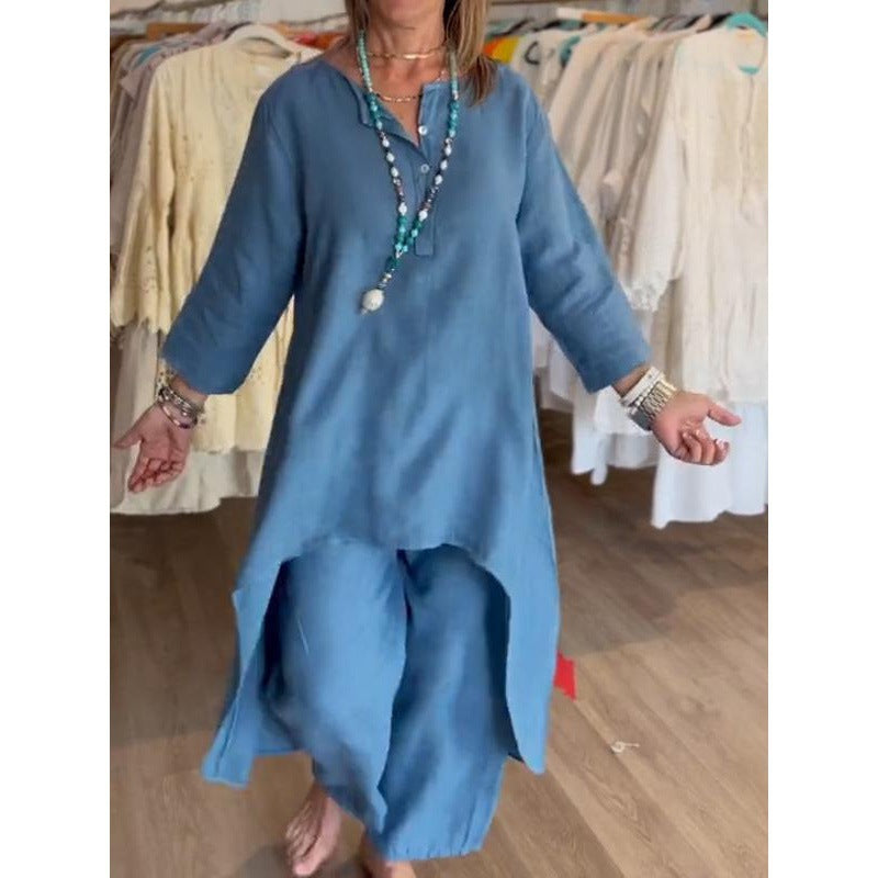 Women's Midi-Length Linen Tunic Set with Asymmetric Hem and Wide Palazzo Pants Amarae